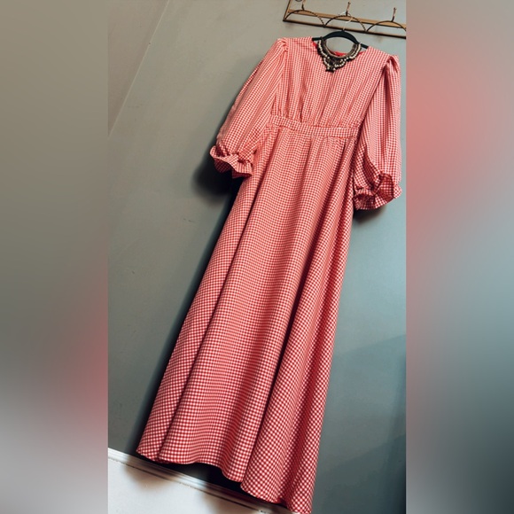 Red Gingham Puff Sleeve Maxi Dress | Cottagecore Prairie | M - Picture 2 of 5